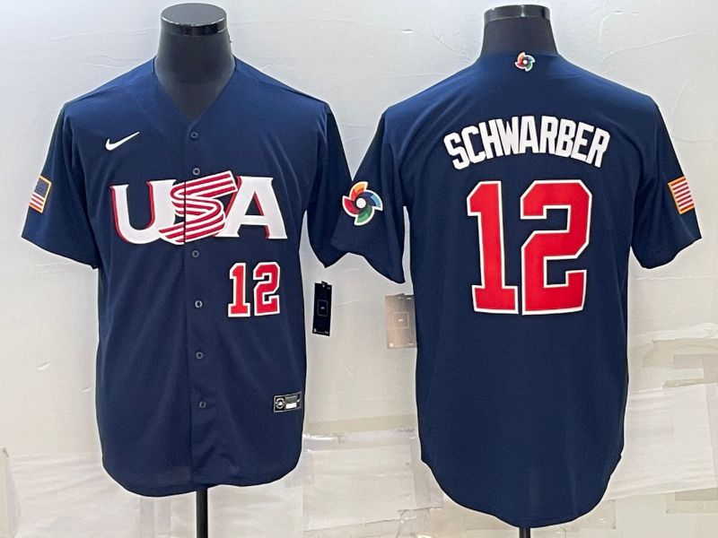 Men 2023 World Cub USA #12 Schwarber Blue Nike MLB Jersey1